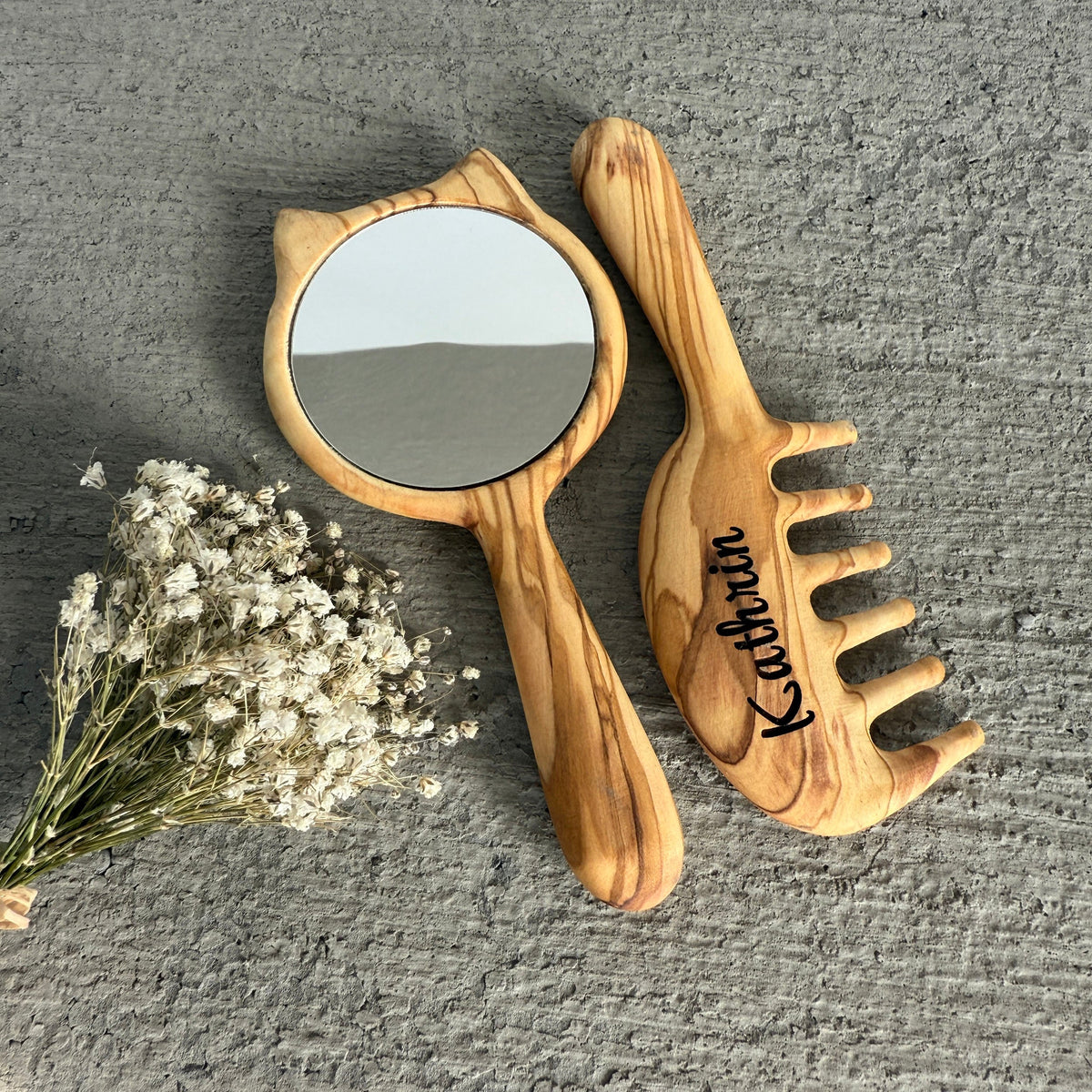 Personalized Olive Wood Comb & Mirror Set for Girls
