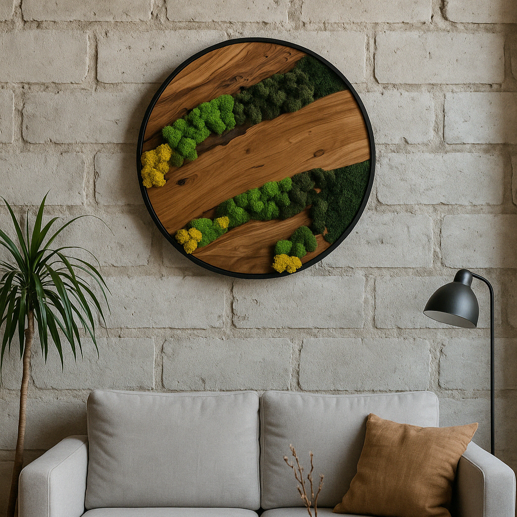 Natural Moss and Olive Wood Wall Decor - Round Metal Frame (Custom Sizes)