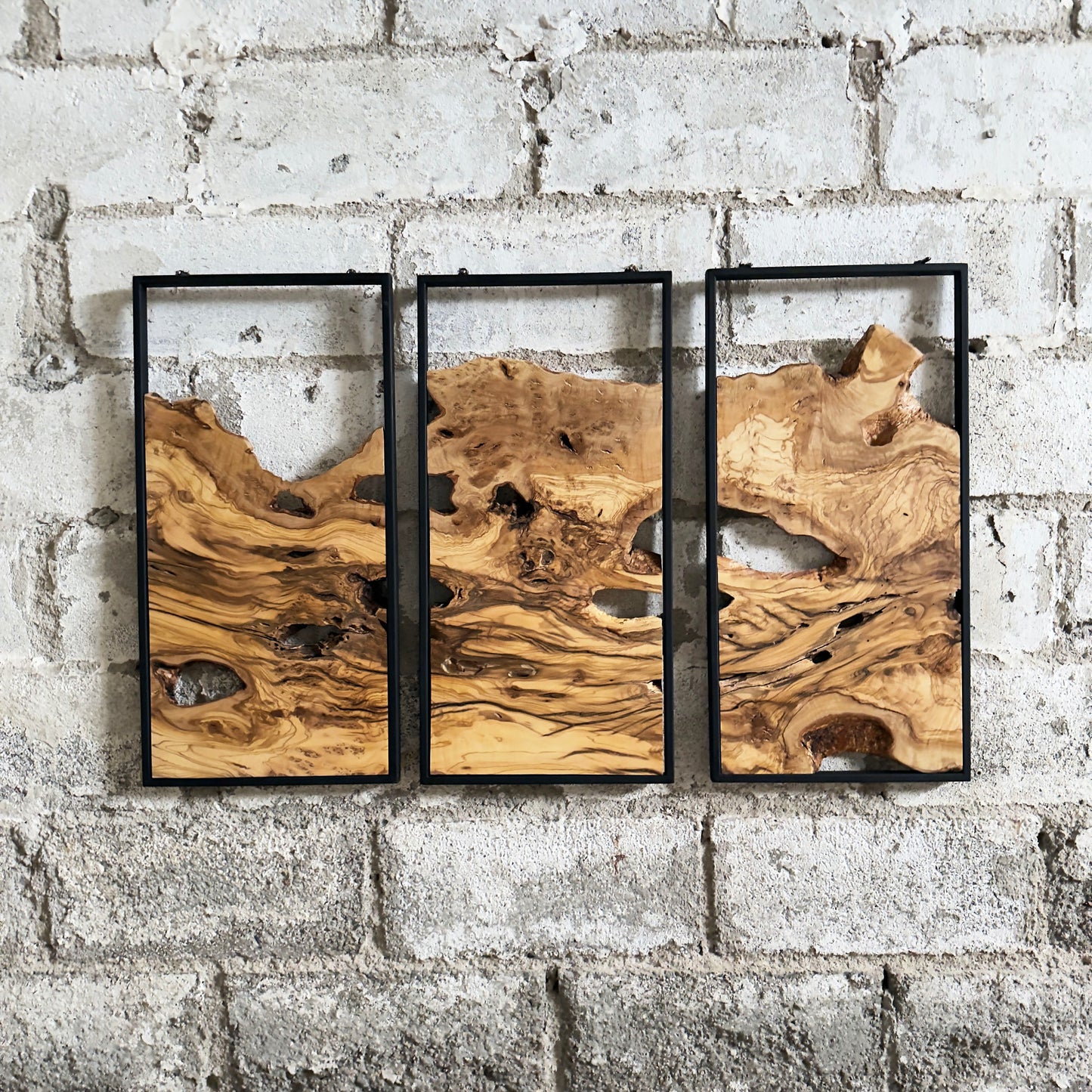 Unique Olive Wood Wall Decor Set - 3 Piece Wall Art With Metal Frame - Live Edge Wooden Wall Decor - 3-Piece Set (Each (11.8" x 23.6" )