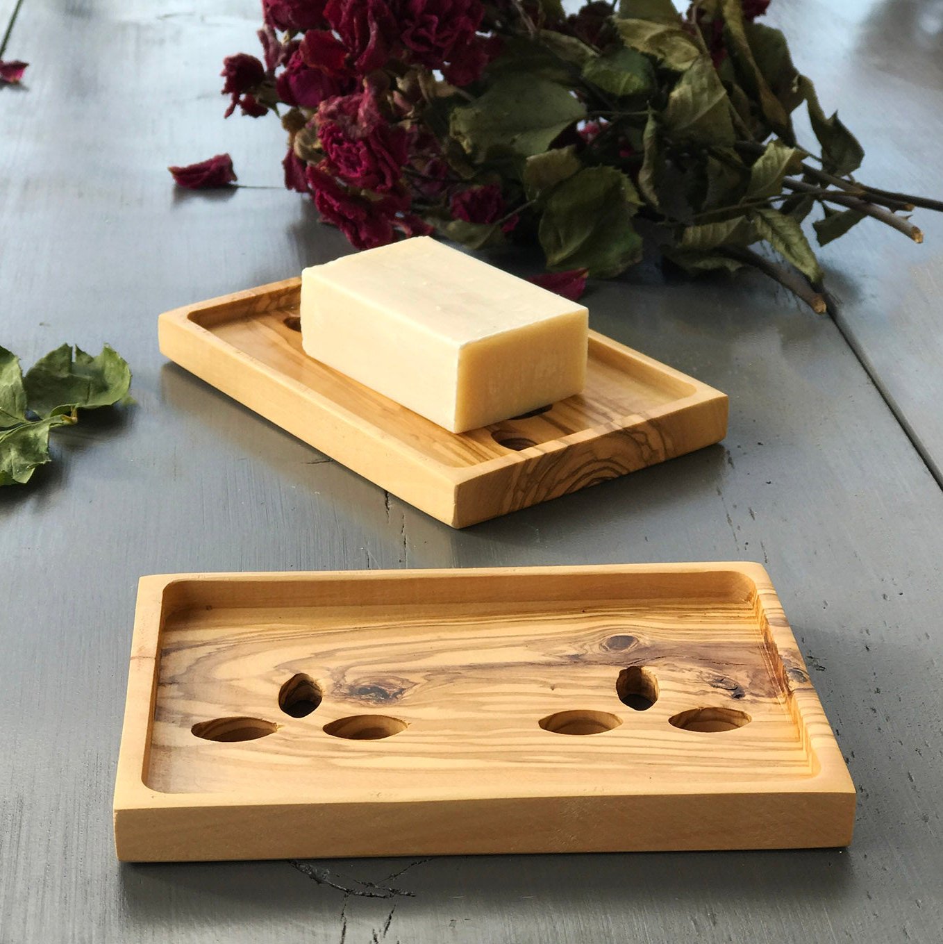 Olive Wood Soap Dish, Wooden Soap Holder with Leaf Shaped Holes