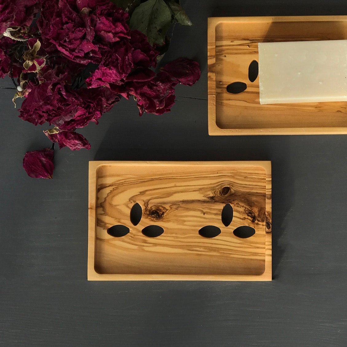 Olive Wood Soap Dish, Wooden Soap Holder with Leaf Shaped Holes