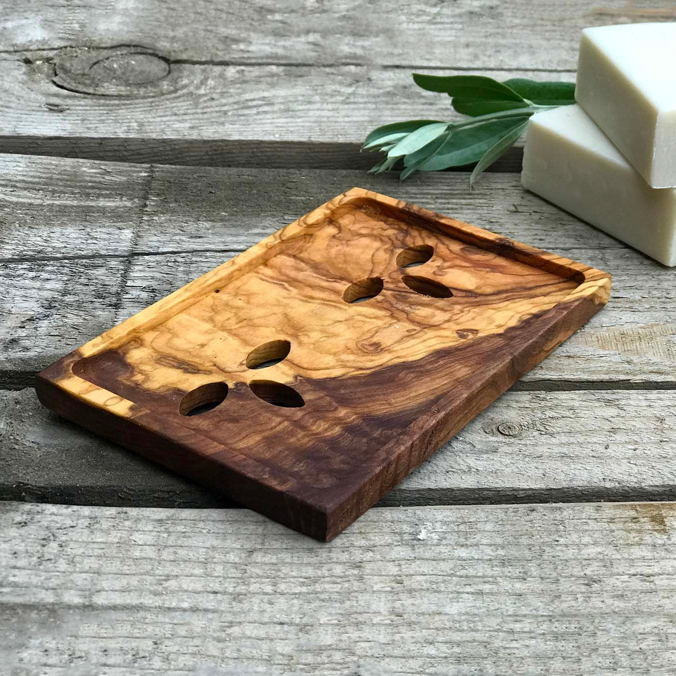 Olive Wood Soap Dish, Wooden Soap Holder with Leaf Shaped Holes