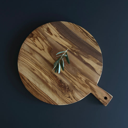 Olive Wood Round Cheese And Pizza Board With Handle | Afrodit Cheese And Pizza Board