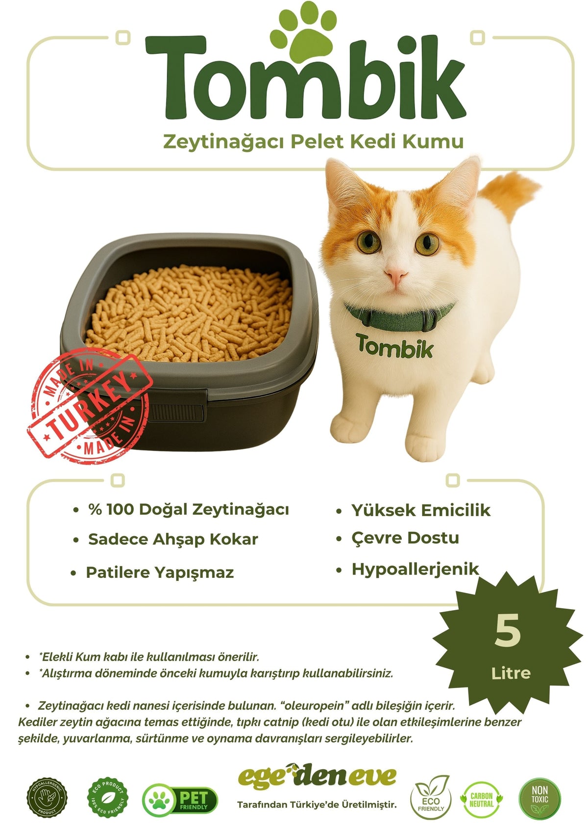 Litière pour chat en granulés de bois d'olivier – Naturelle, durable et hypoallergénique