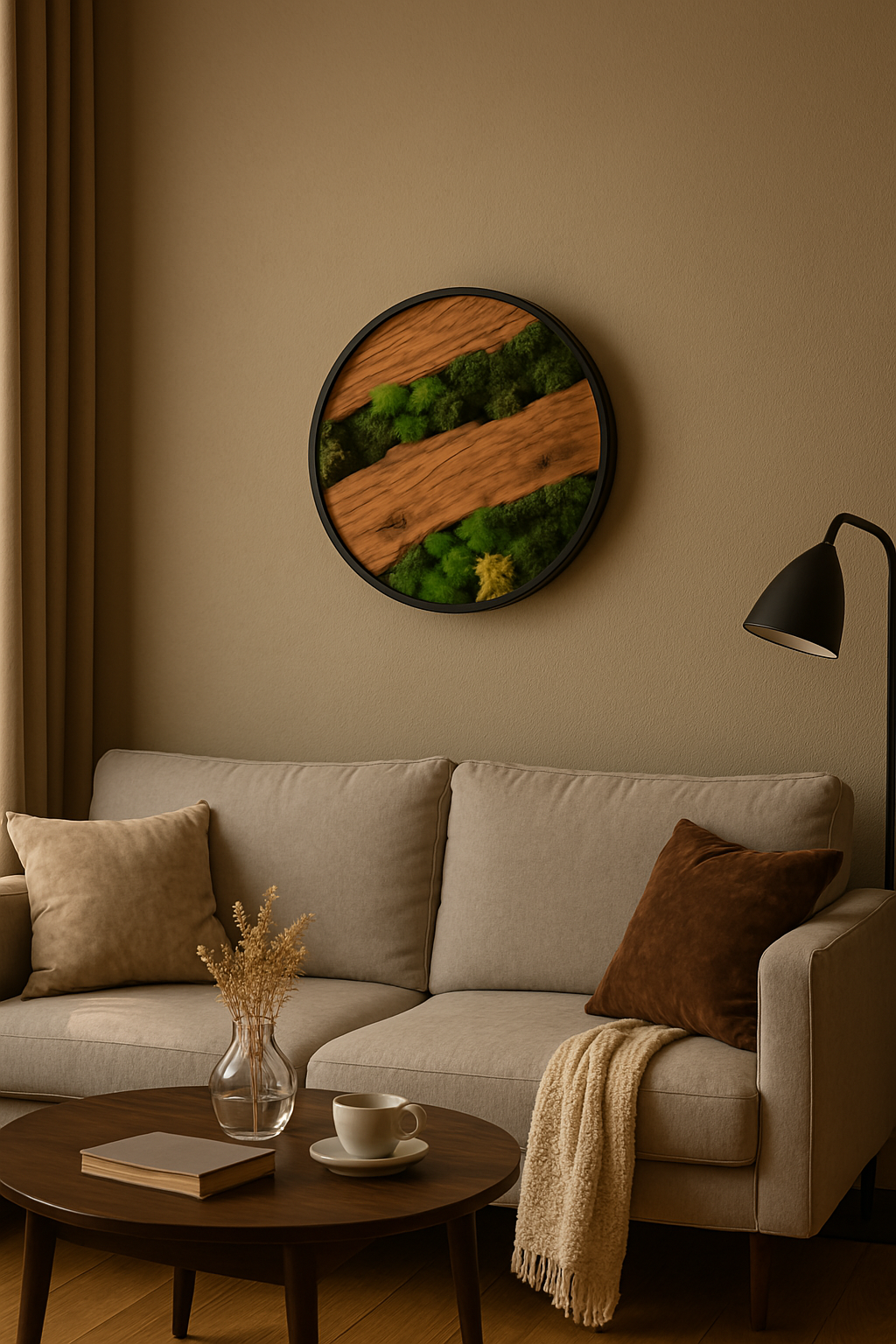 Natural Moss and Olive Wood Wall Decor - Round Metal Frame (Custom Sizes)