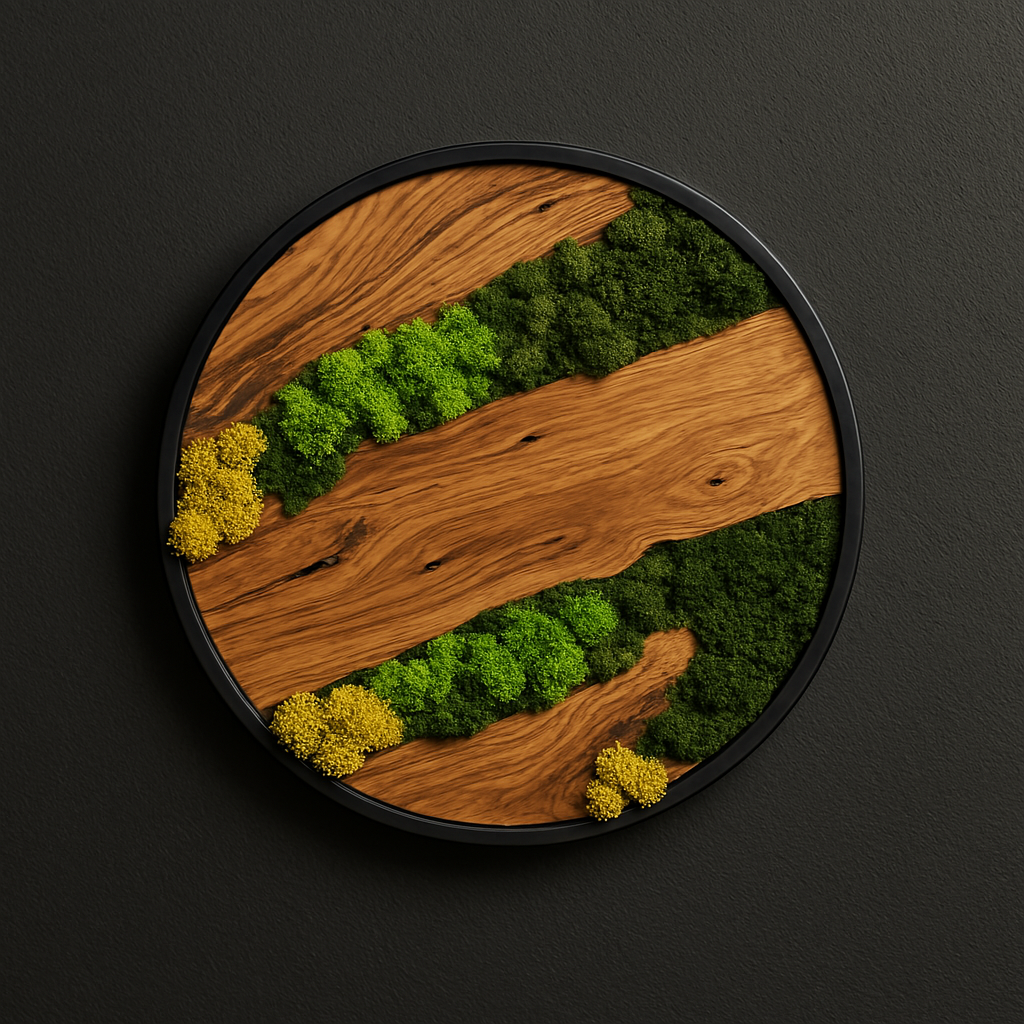 Natural Moss and Olive Wood Wall Decor - Round Metal Frame (Custom Sizes)