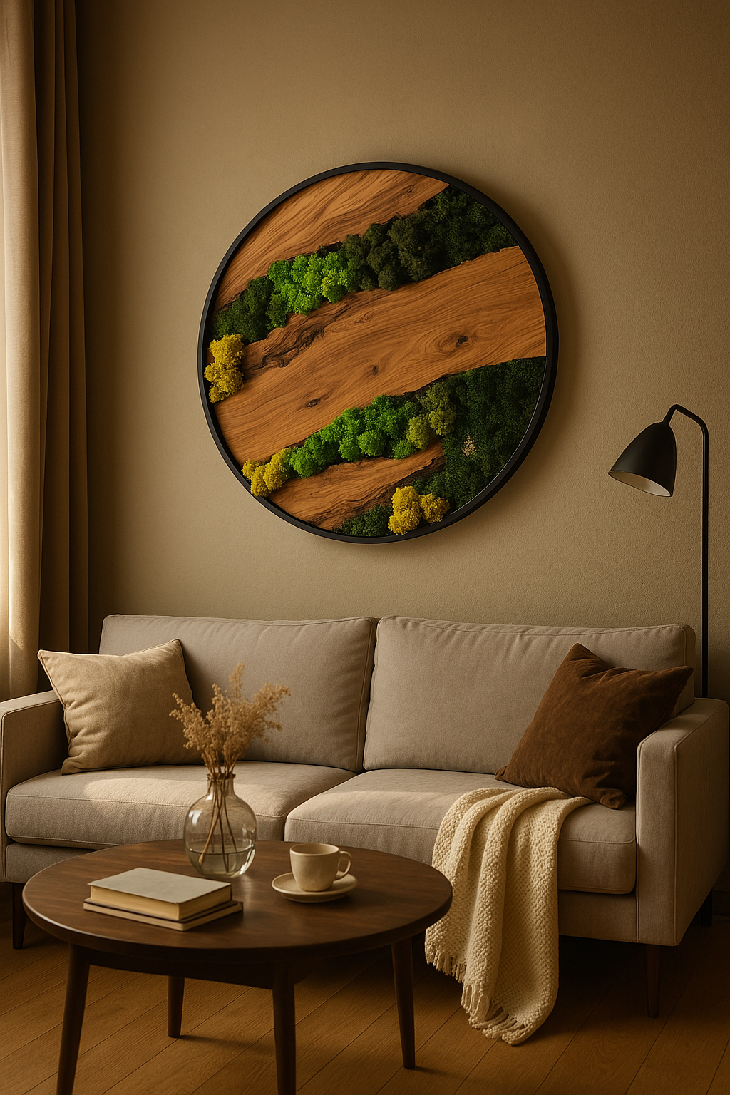 Natural Moss and Olive Wood Wall Decor - Round Metal Frame (Custom Sizes)