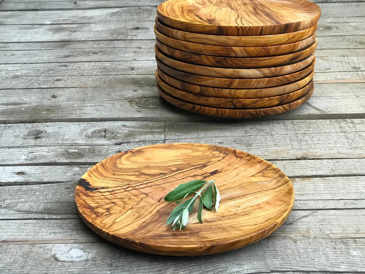 Olive Wood Shallow Serving Plates, Wooden Plates for Food