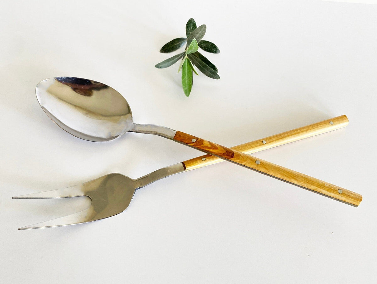 Ensemble de couverts en bois d'olivier, couverts en acier inoxydable et bois, fourchette de service, cuillère de service