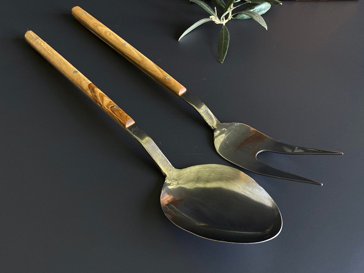 Ensemble de couverts en bois d'olivier, couverts en acier inoxydable et bois, fourchette de service, cuillère de service