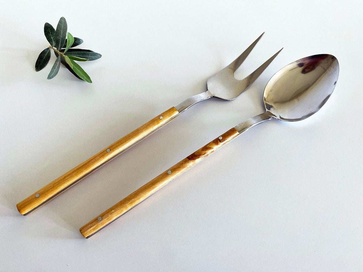 Ensemble de couverts en bois d'olivier, couverts en acier inoxydable et bois, fourchette de service, cuillère de service