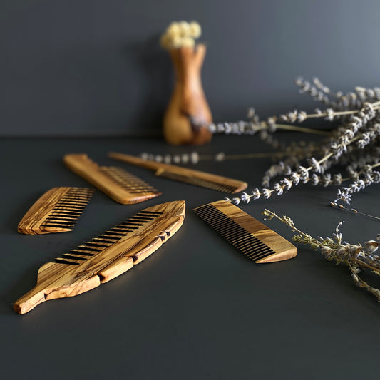 Handmade Olive Wood Comb Set, Wide & Close Tine, Rat Tail Comb