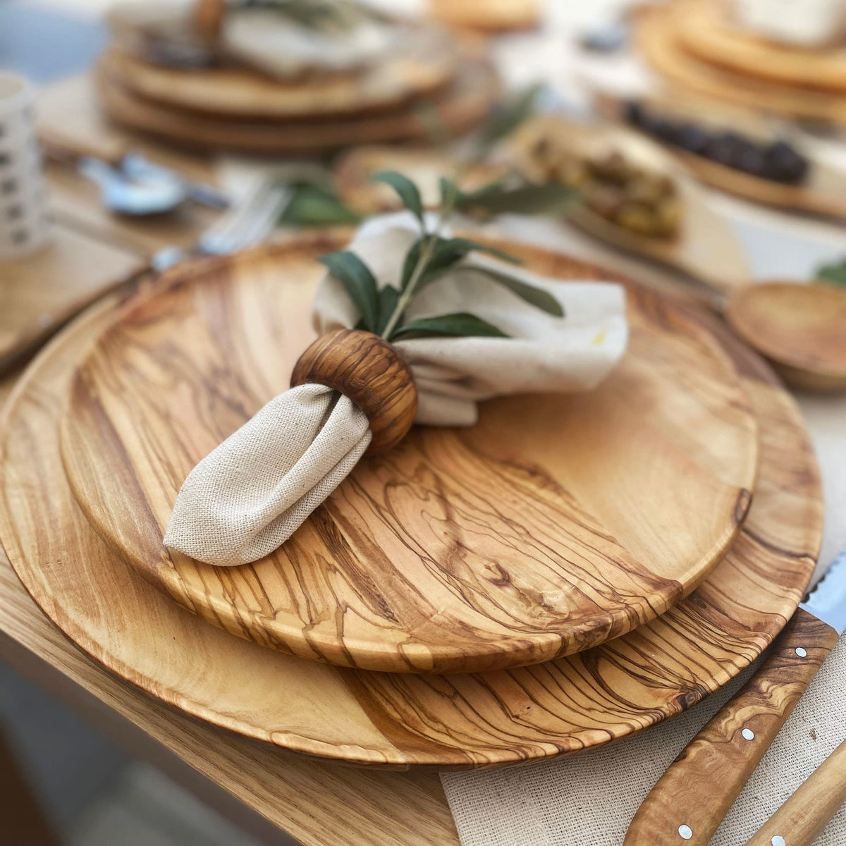 Olive Wood Shallow Serving Plates, Wooden Plates for Food