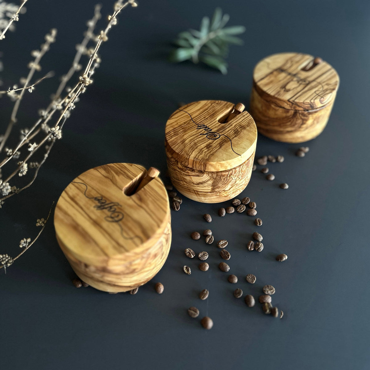 Personalized Olive Wooden Spice Bowl Set | Salt , Sugar Bowl with Spoon