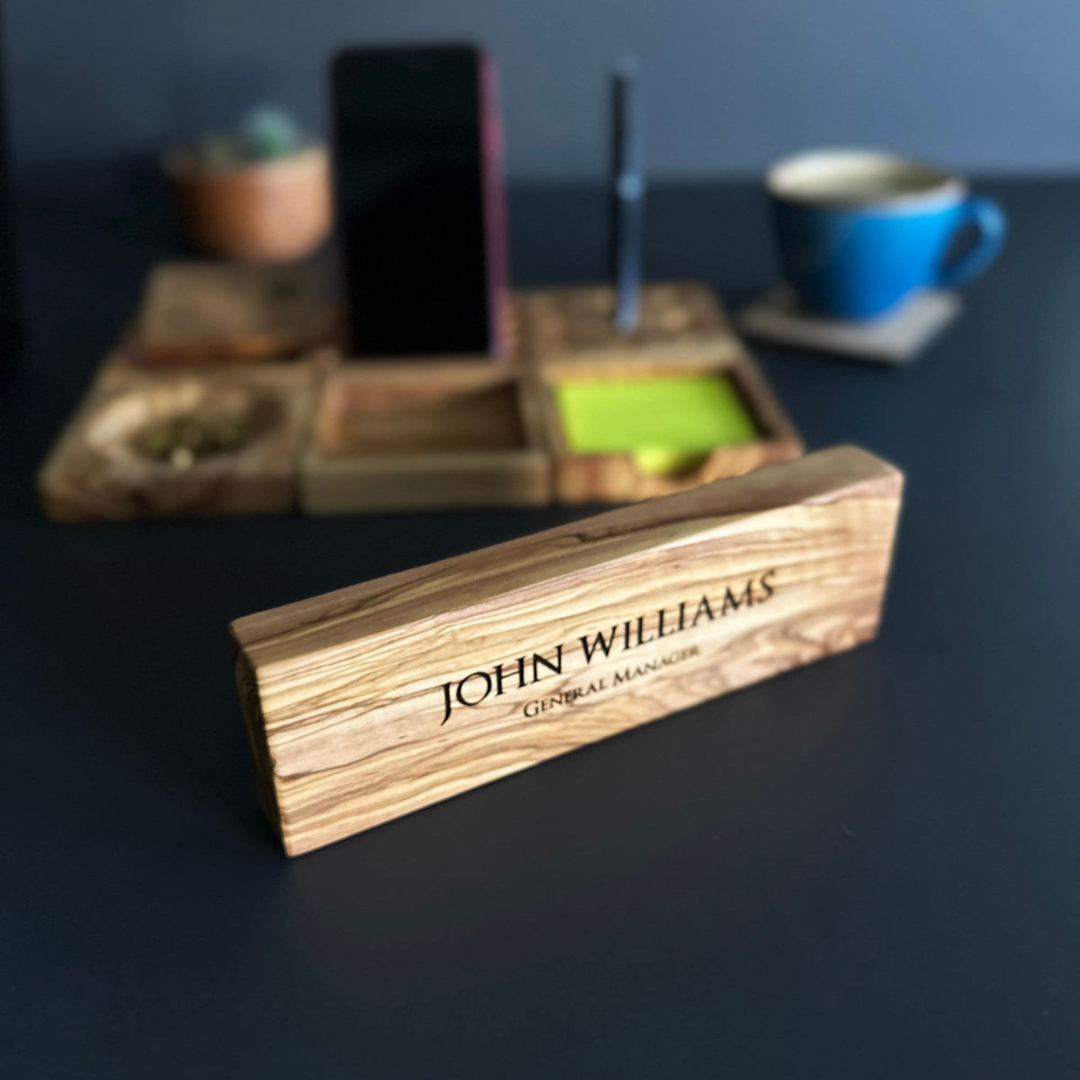 Personalized Olive Wood Desk Name Plate, Engraved Wooden Sign