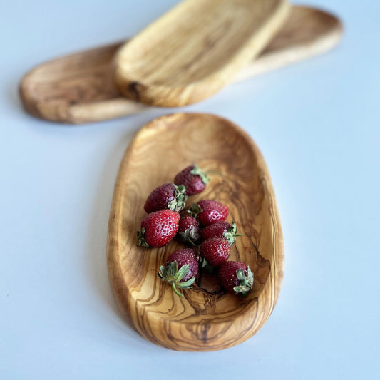 Plateau de service en bois d'olivier, long plat à légumes en bois