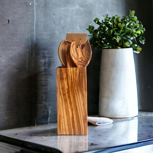 Pot à ustensiles en bois d'olivier fait main, ustensiles de cuisine authentiques