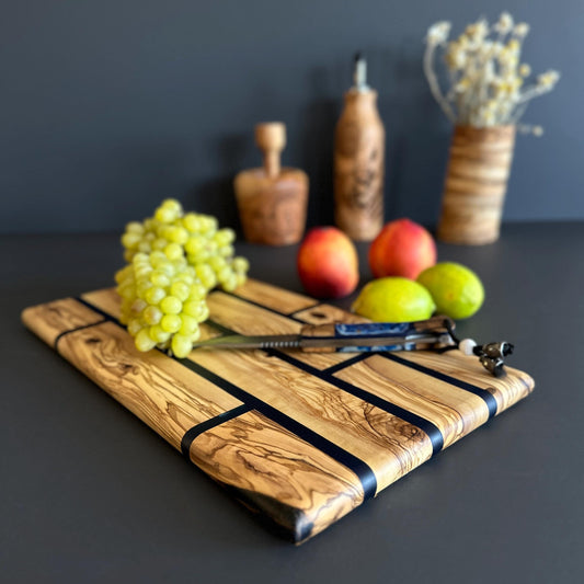 Handmade Olive Wood Charcuterie Board | Blue Epoxy, Brick Pattern