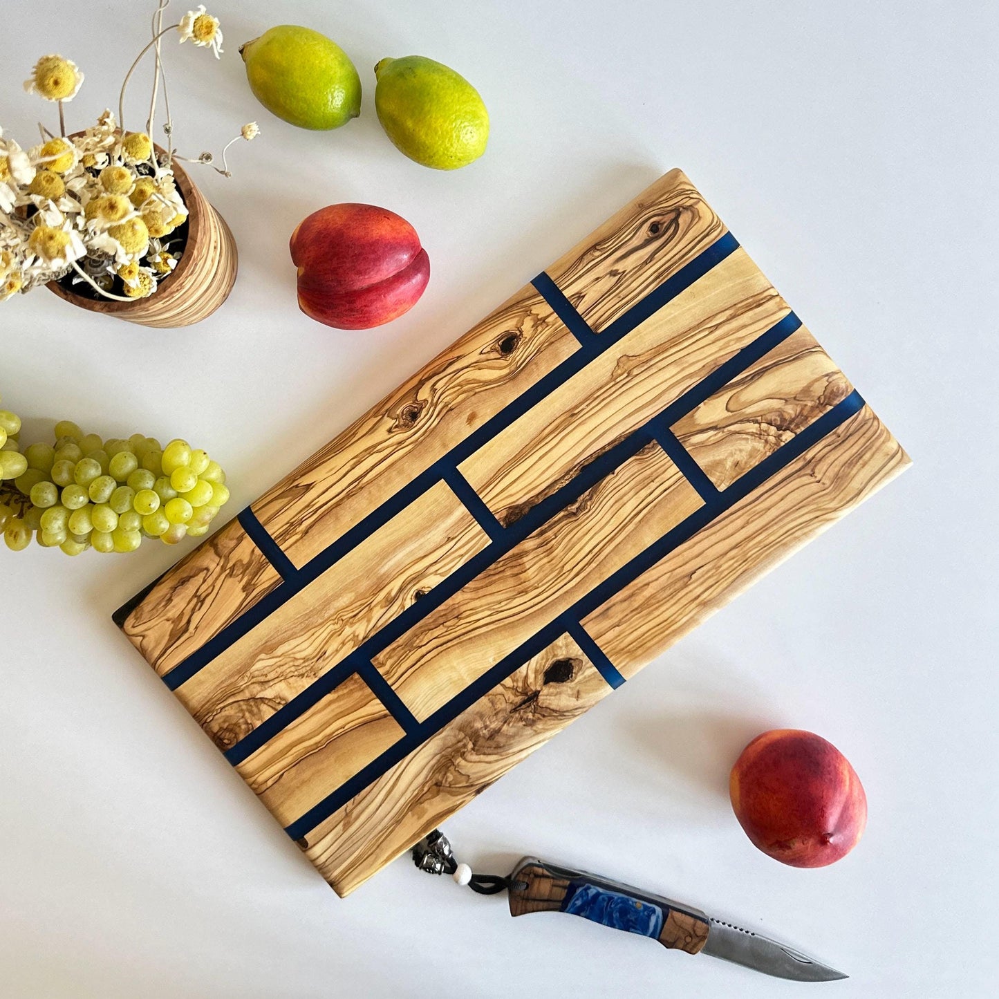 Hand Crafted Olive Wood And Resin Charcuterie Board Board With Brick Pattern | New Home Gift | Olive Wood Board With Epoxy
