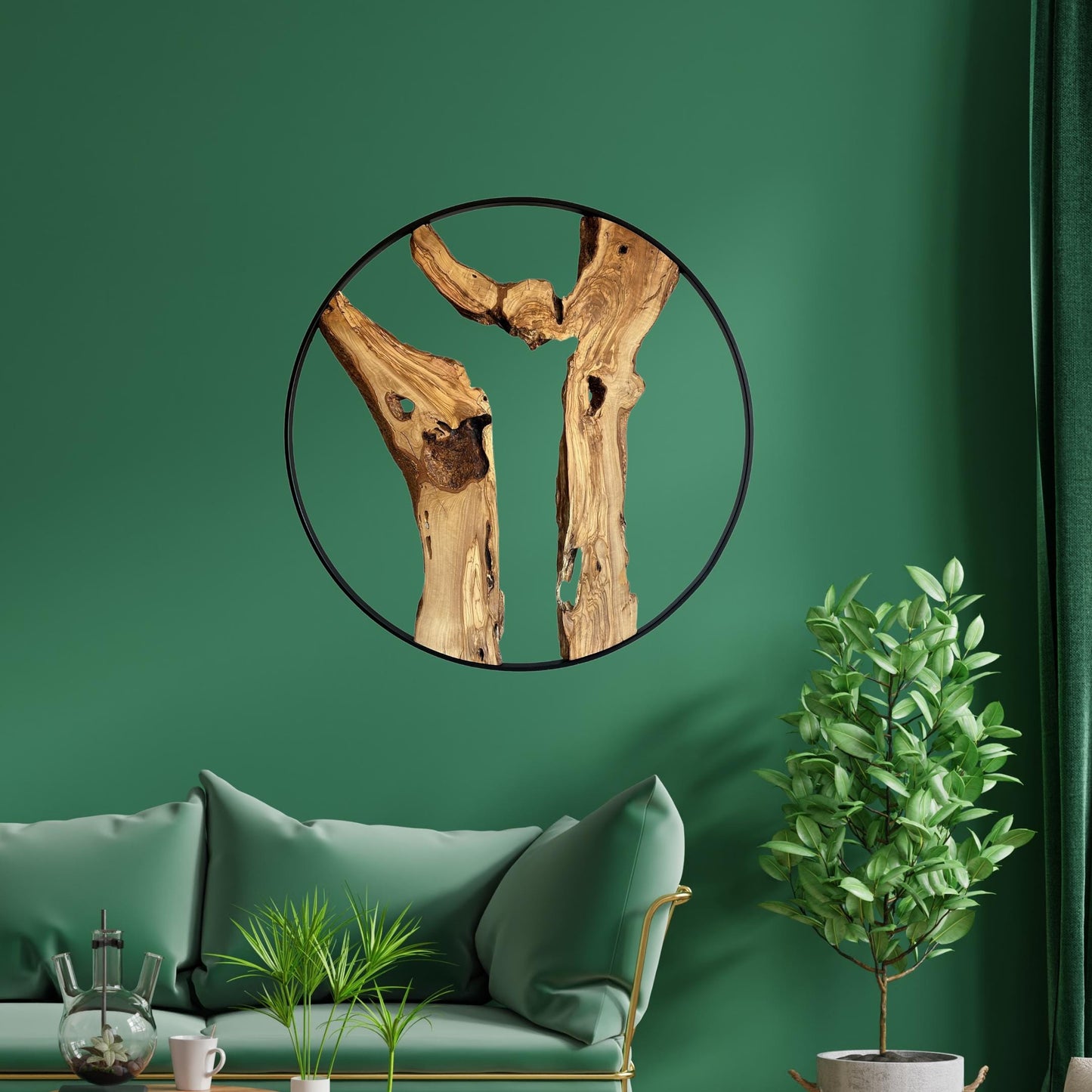 Round Metal Framed Wall Decor | Wooden Wall Decor | Olive Wood Wall Art With Metal Frame | 36 inches Wall Decor | Large Wall Decor