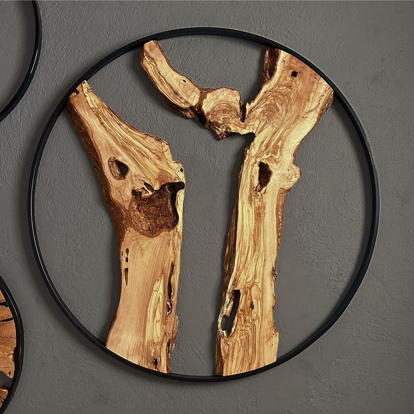 Round Metal Framed Wall Decor | Wooden Wall Decor | Olive Wood Wall Art With Metal Frame | 36 inches Wall Decor | Large Wall Decor