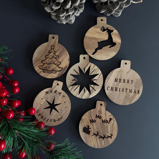 Engraved Olive Wood Christmas Ornaments, Unique Designs