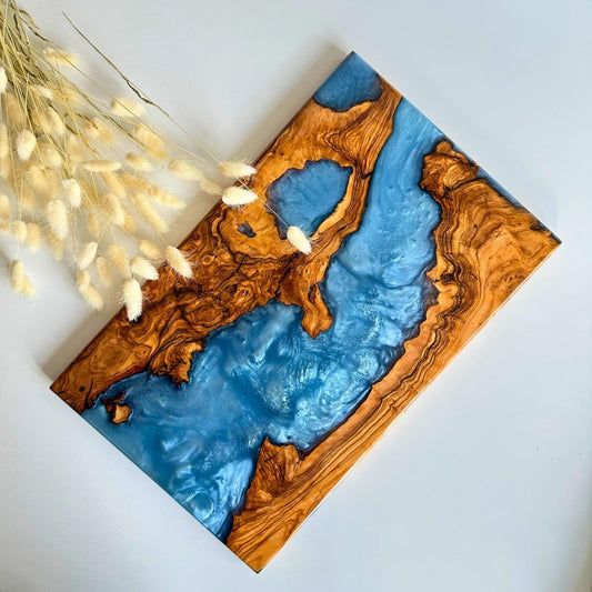 Olive Wood Cutting Board with Blue Epoxy | Unique Kitchen Decor