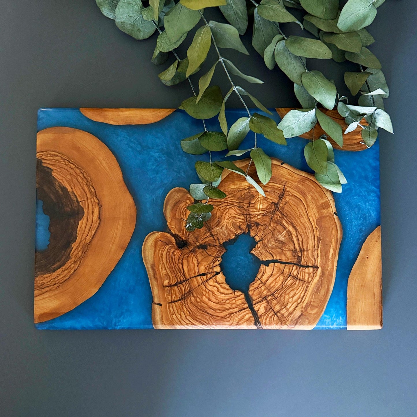 Olive Wood & Epoxy Serving Board - Unique Handcrafted Design - Blue Charcuterie Board - Handmade Decorative Board