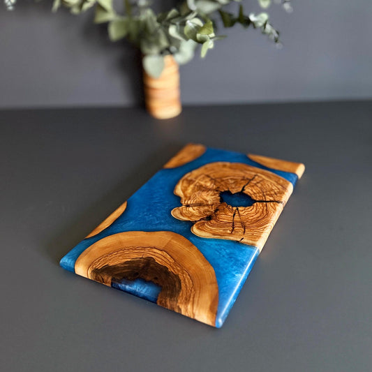 Olive Wood & Epoxy Serving Board - Unique Handcrafted Design - Blue Charcuterie Board - Handmade Decorative Board