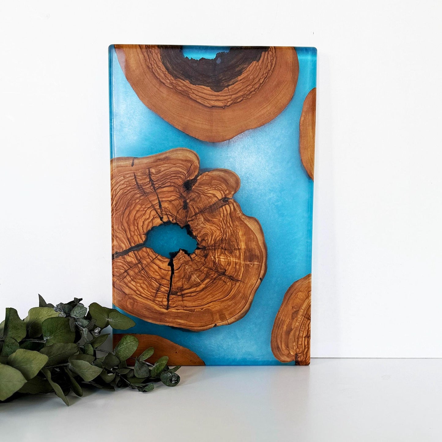 Olive Wood & Epoxy Serving Board - Unique Handcrafted Design - Blue Charcuterie Board - Handmade Decorative Board