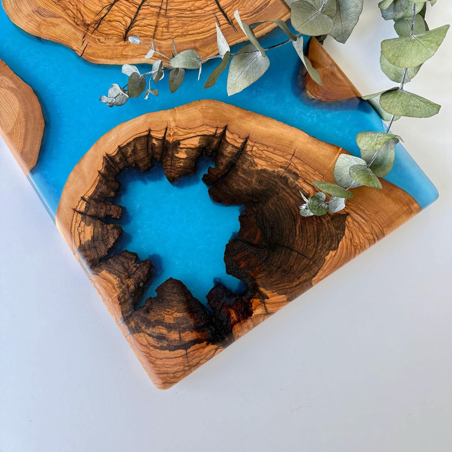 Olive Wood & Epoxy Serving Board - Unique Handcrafted Design - Blue Charcuterie Board - Handmade Decorative Board