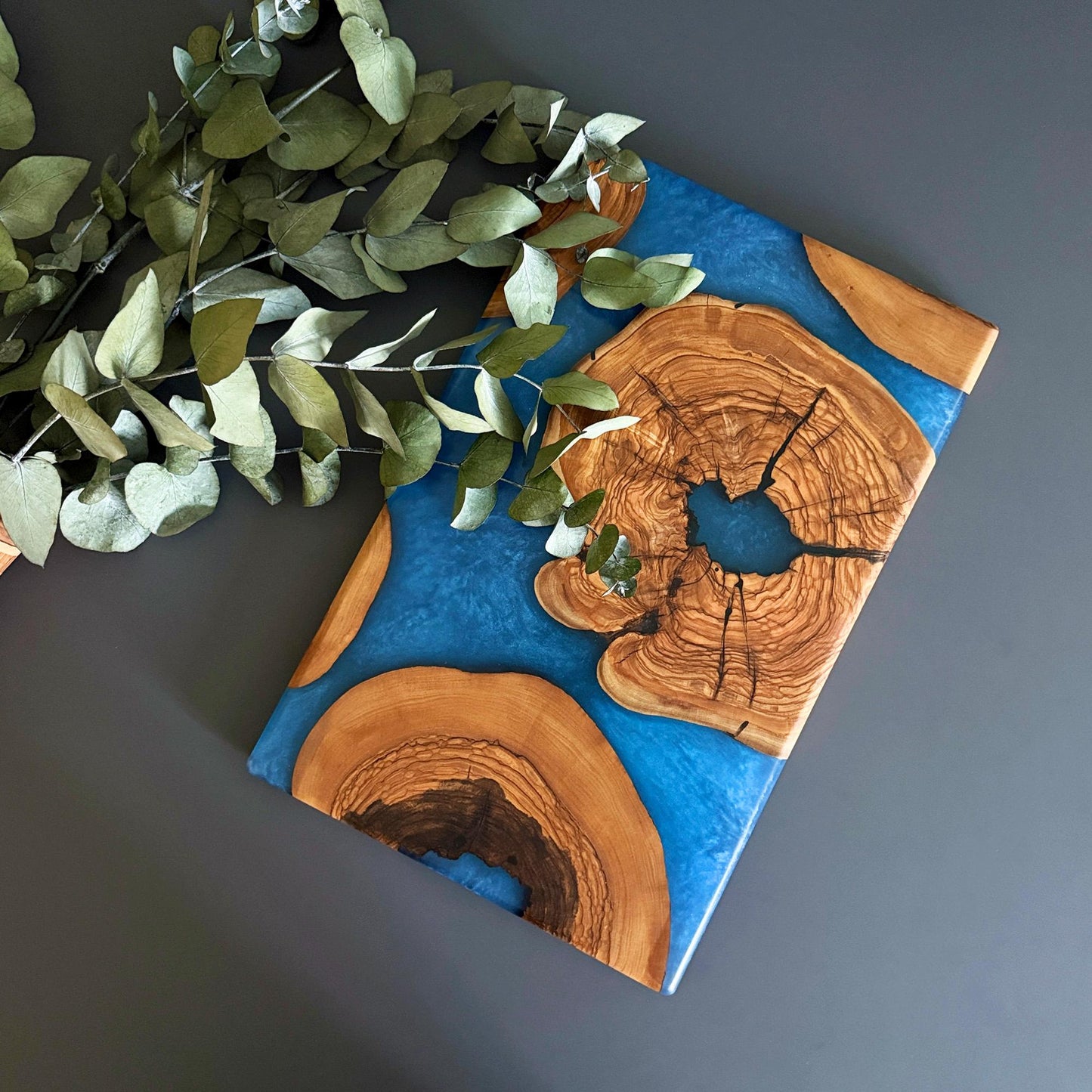 Olive Wood & Epoxy Serving Board - Unique Handcrafted Design - Blue Charcuterie Board - Handmade Decorative Board