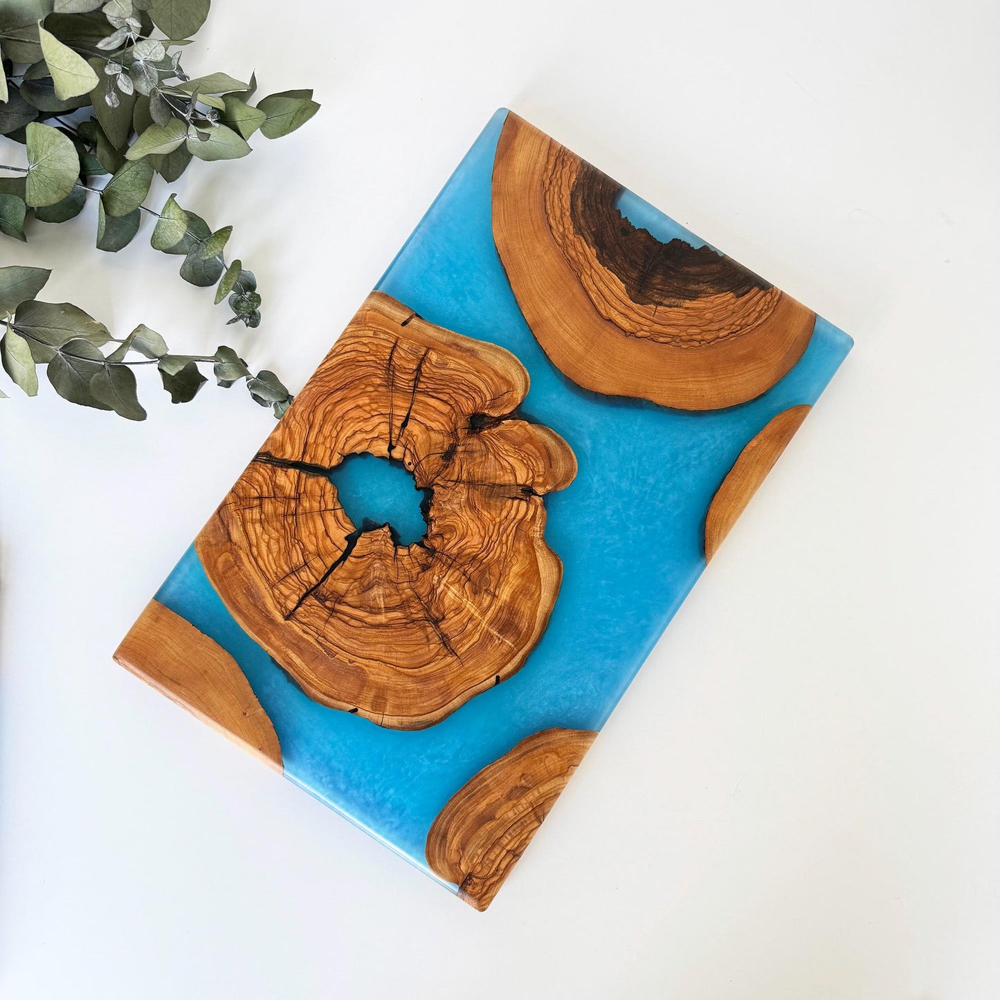 Olive Wood & Epoxy Serving Board - Unique Handcrafted Design - Blue Charcuterie Board - Handmade Decorative Board