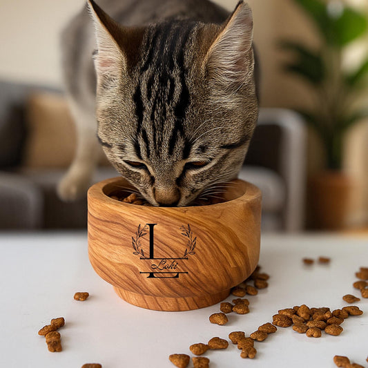 Personalized Olive Wood Pet Bowl | Handmade Cat - Small Dog Feeder | 10 cm & 12 cm