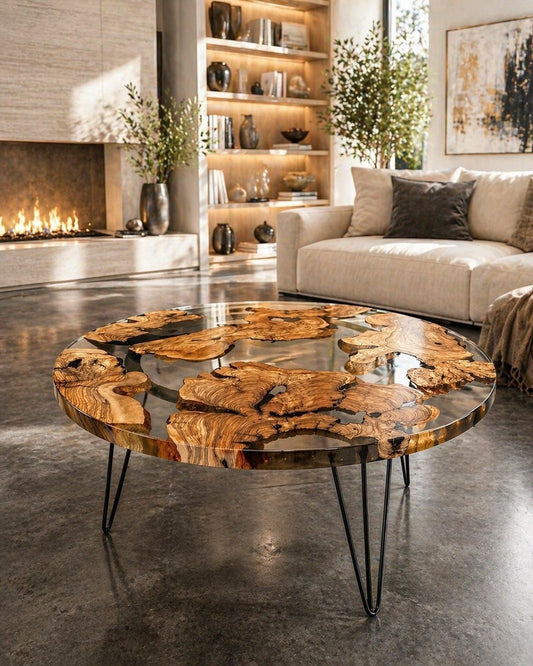 Handmade Clear Epoxy Resin Coffee Table | Olive Wood Inlay