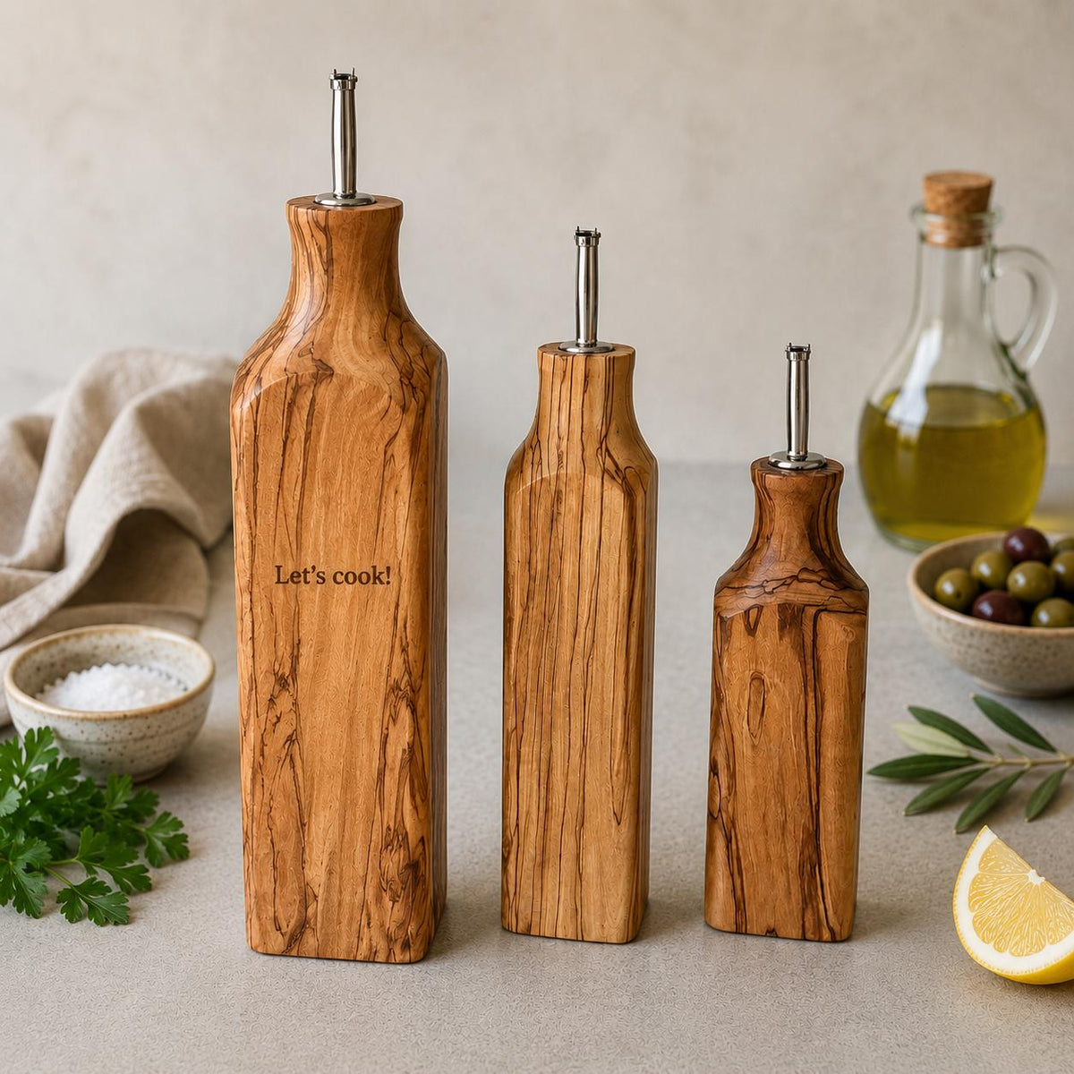 Personalized Olive Wood Oil Bottle | Handmade Olive Wood Oil Dispenser | Gift For The Home | 200 ml, 250 ml, 500 ml Oil Bottle