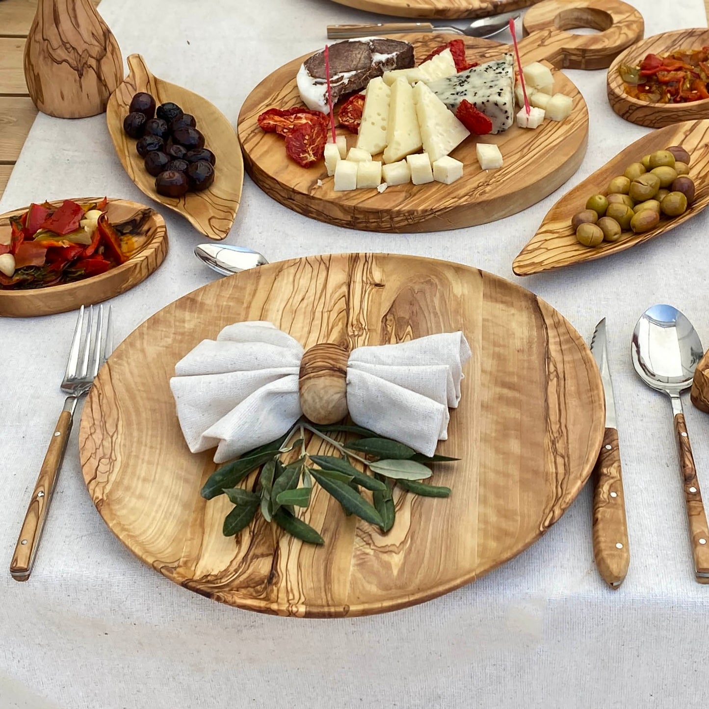 Olive Wood Shallow Serving Plates, Wooden Plates for Food