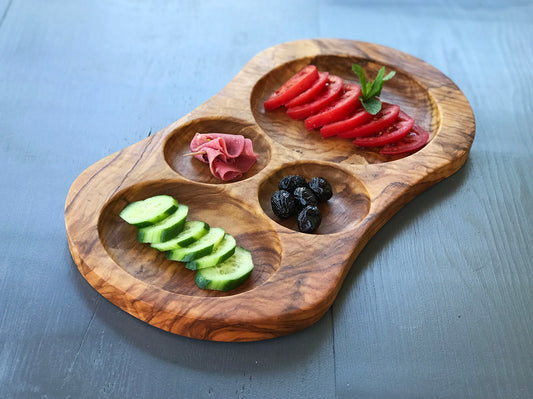 Natural Wood Serving Plate with Compartments, Olive Wood Divided Dish