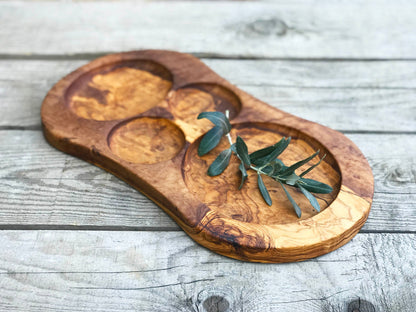 Natural Wood Serving Plate with Compartments, Olive Wood Divided Dish