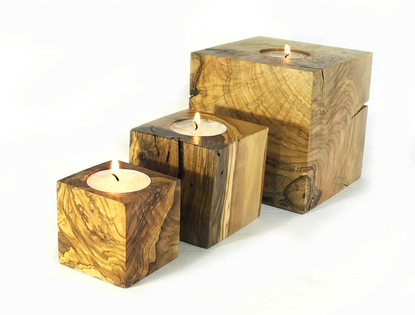 Wooden Cubic Candle Holders, Elegant Olive Wood Tealight Holders, Single - Double - Triple