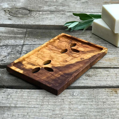 Olive Wood Soap Dish, Wooden Soap Holder with Leaf Shaped Holes