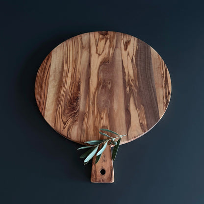 Olive Wood Round Cheese And Pizza Board With Handle | Afrodit Cheese And Pizza Board