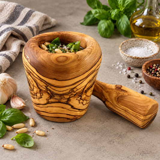 Rustic Olive Wood Mortar and Pestle, Carved Wooden Spice Grinder