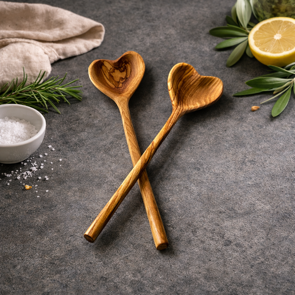 Personalized Heart Shaped Olive Wood Plate & Spoon Set