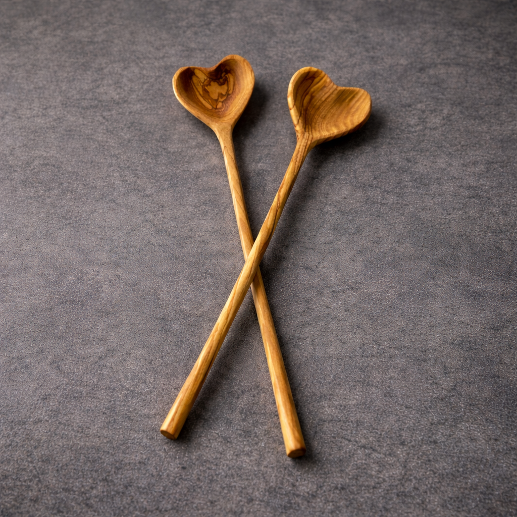 Personalized Heart Shaped Olive Wood Plate & Spoon Set