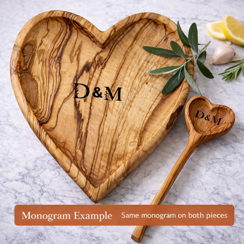 Personalized Heart Shaped Olive Wood Plate & Spoon Set