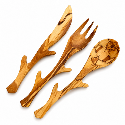 Olive Wood Cutlery Set, Wooden Stylized Spoon, Wooden Fork and Knife Set