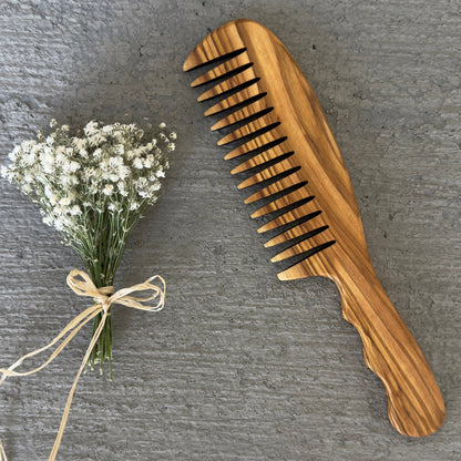 Olive Wood Wide Tine Comb, Handmade Wooden Hairbrush, Wooden Comb