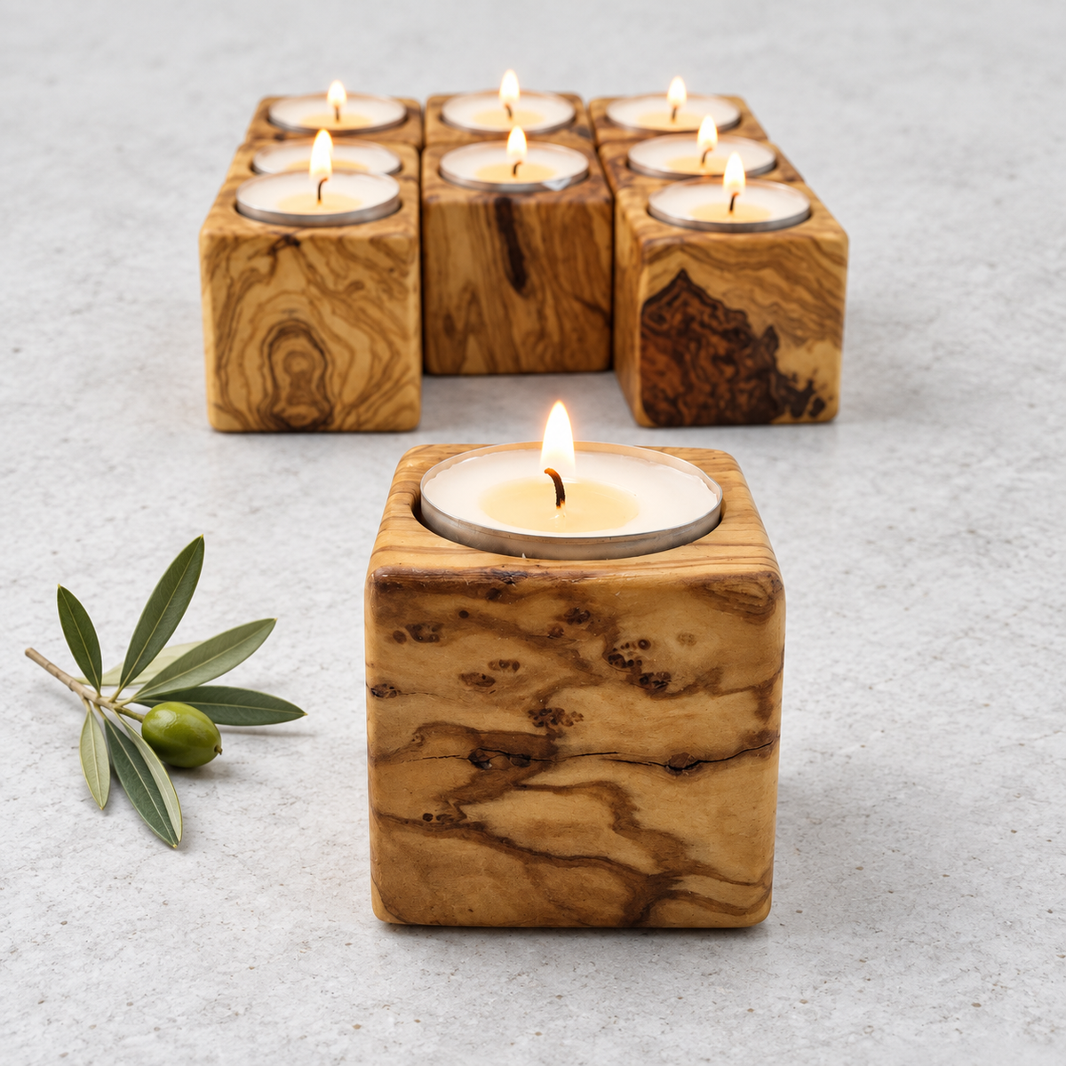 Wooden Cubic Candle Holders, Elegant Olive Wood Tealight Holders, Single - Double - Triple