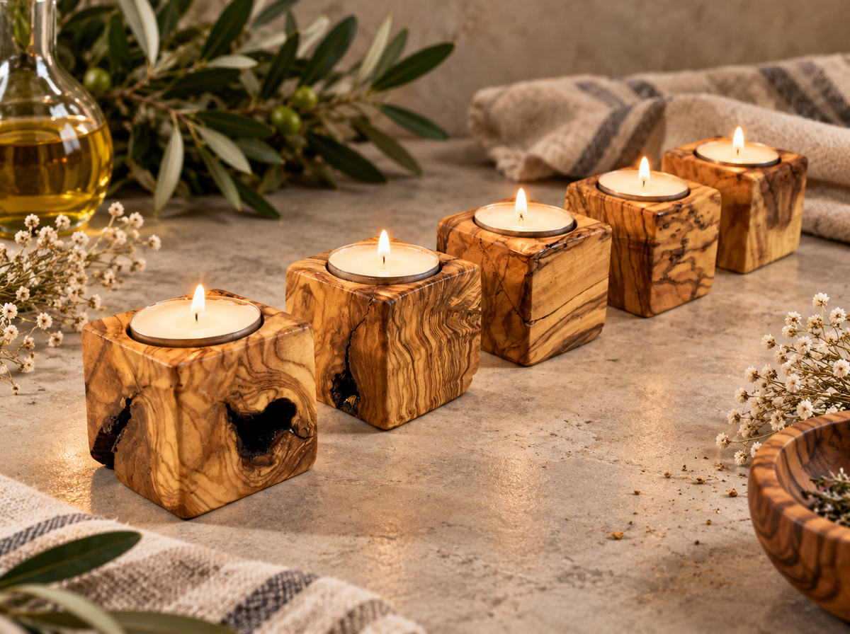 Wooden Cubic Candle Holders, Elegant Olive Wood Tealight Holders, Single - Double - Triple